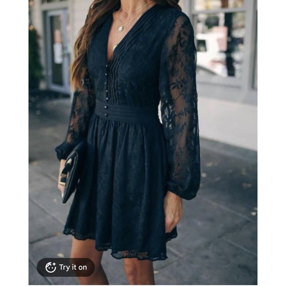 Q&A V Neck Bodice Whimsy Black Mini Dress Lace Sheer Mesh Long Sleeve SZ M boho